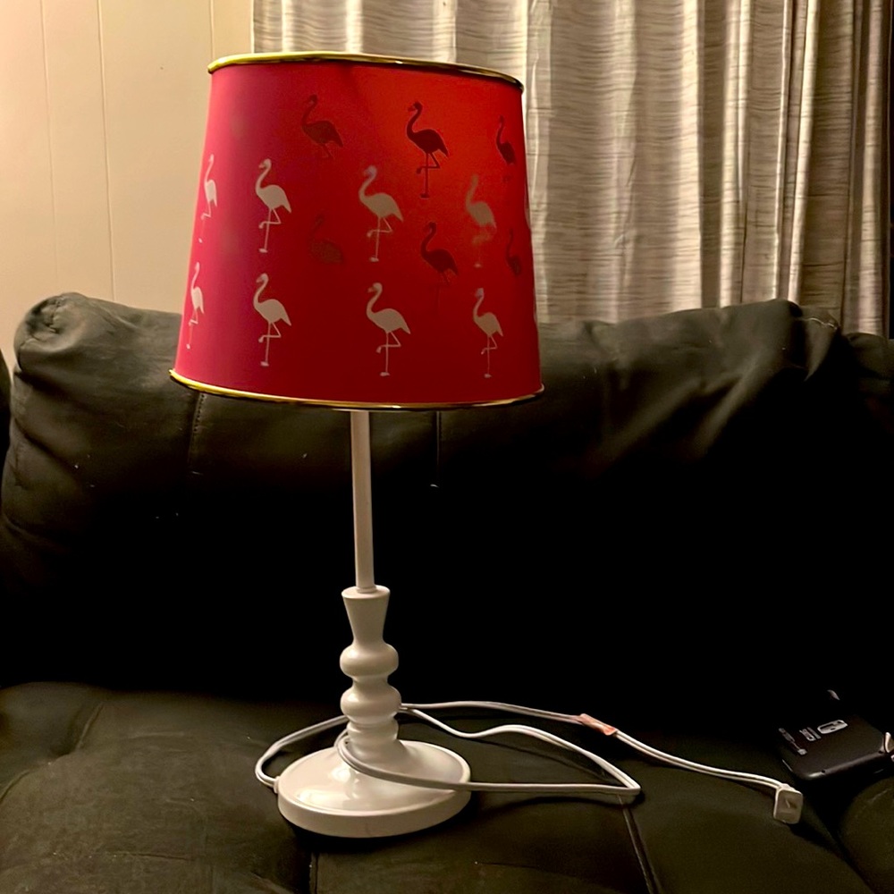 Pink Flamingo shade with white base lamp.